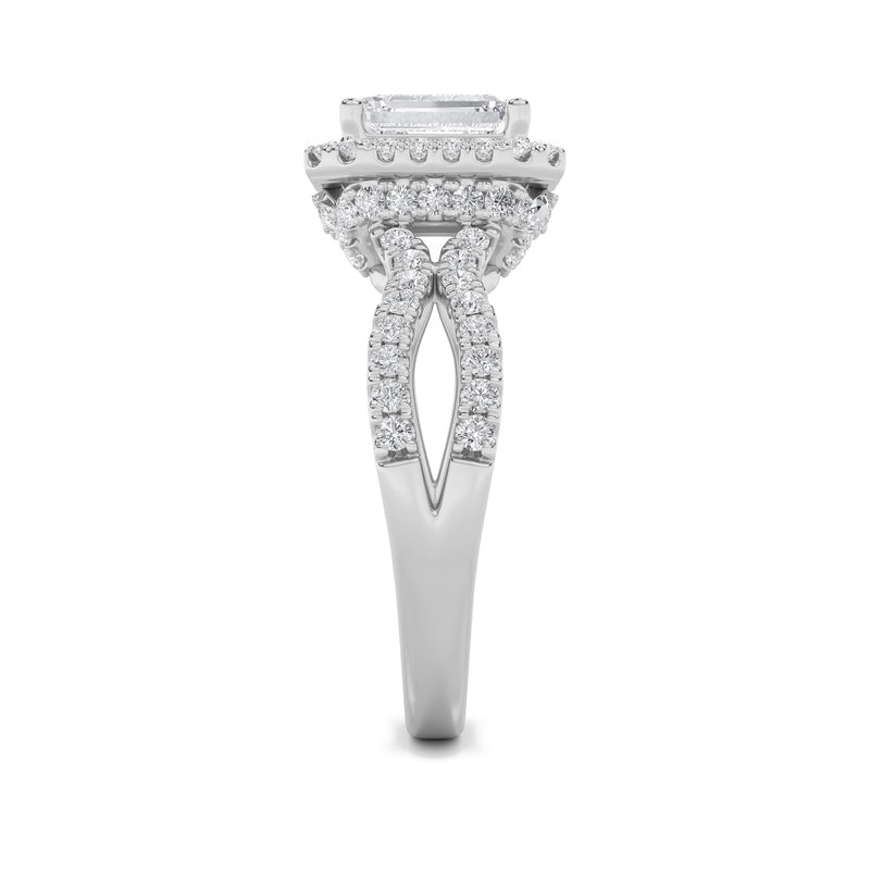 2CTW Emerald Shaped Lab Grown Diamond (G/VS) Split Shank Halo Accented Engagement Ring in 14K Gold