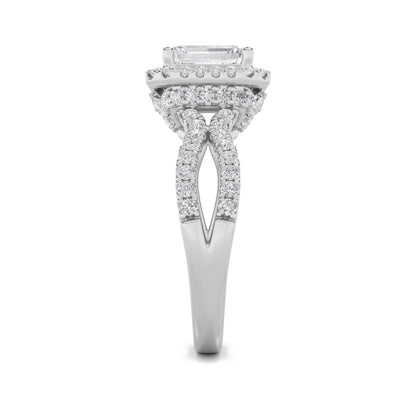 2CTW Emerald Shaped Lab Grown Diamond (G/VS) Split Shank Halo Accented Engagement Ring in 14K Gold