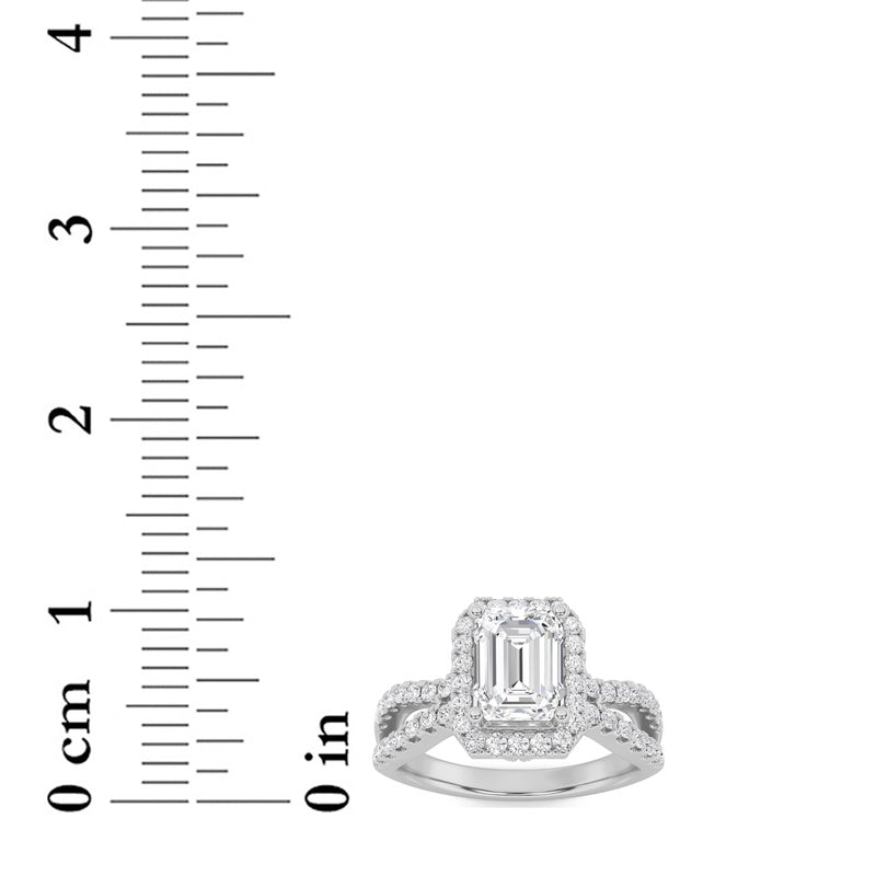 2CTW Emerald Shaped Lab Grown Diamond (G/VS) Split Shank Halo Accented Engagement Ring in 14K Gold