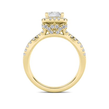 2CTW Emerald Shaped Lab Grown Diamond (G/VS) Split Shank Halo Accented Engagement Ring in 14K Gold