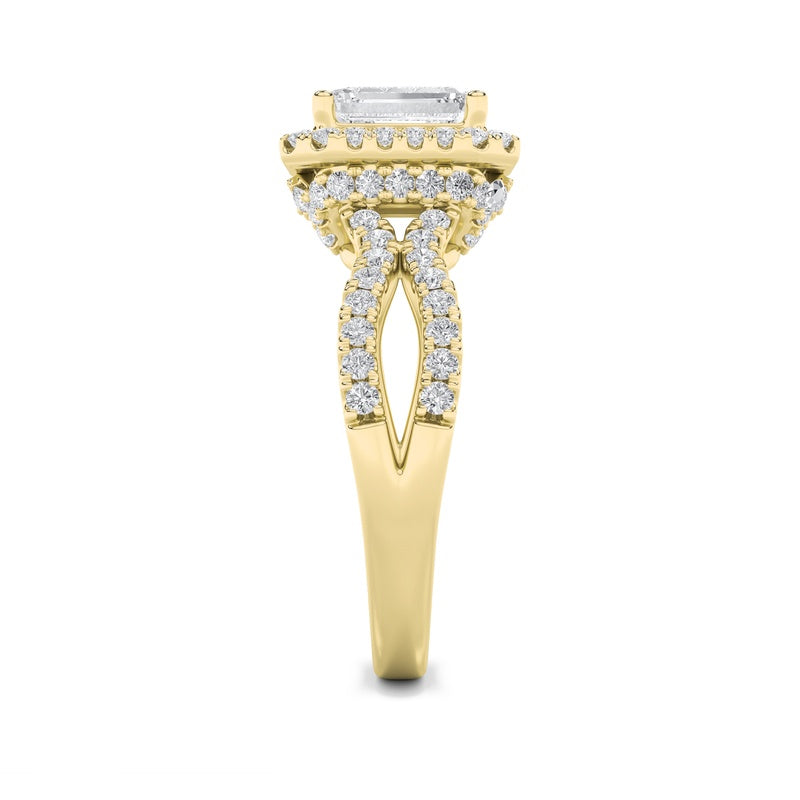2CTW Emerald Shaped Lab Grown Diamond (G/VS) Split Shank Halo Accented Engagement Ring in 14K Gold