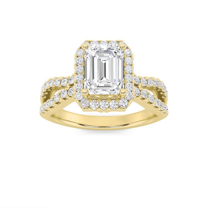 2CTW Emerald Shaped Lab Grown Diamond (G/VS) Split Shank Halo Accented Engagement Ring in 14K Gold