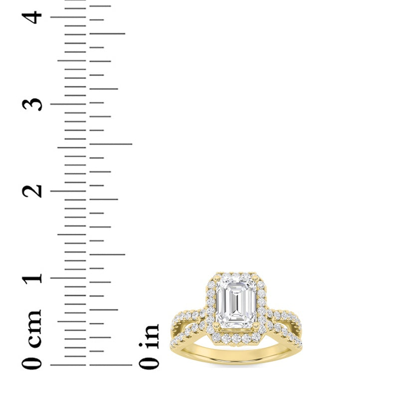 2CTW Emerald Shaped Lab Grown Diamond (G/VS) Split Shank Halo Accented Engagement Ring in 14K Gold