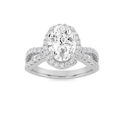 2CTW Oval Shaped Lab Grown Diamond (F/VS) Split Shank Halo Accented Engagement Ring in 14K Gold