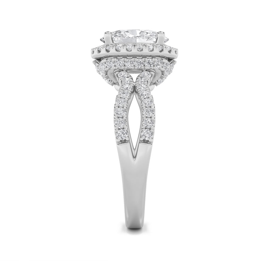 2CTW Oval Shaped Lab Grown Diamond (F/VS) Split Shank Halo Accented Engagement Ring in 14K Gold