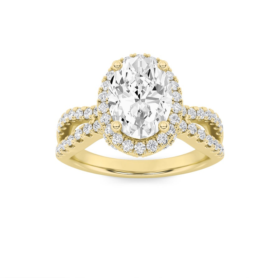 2CTW Oval Shaped Lab Grown Diamond (F/VS) Split Shank Halo Accented Engagement Ring in 14K Gold