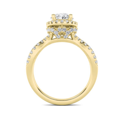2CTW Oval Shaped Lab Grown Diamond (F/VS) Split Shank Halo Accented Engagement Ring in 14K Gold