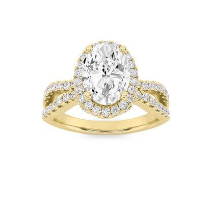 2CTW Oval Shaped Lab Grown Diamond (F/VS) Split Shank Halo Accented Engagement Ring in 14K Gold