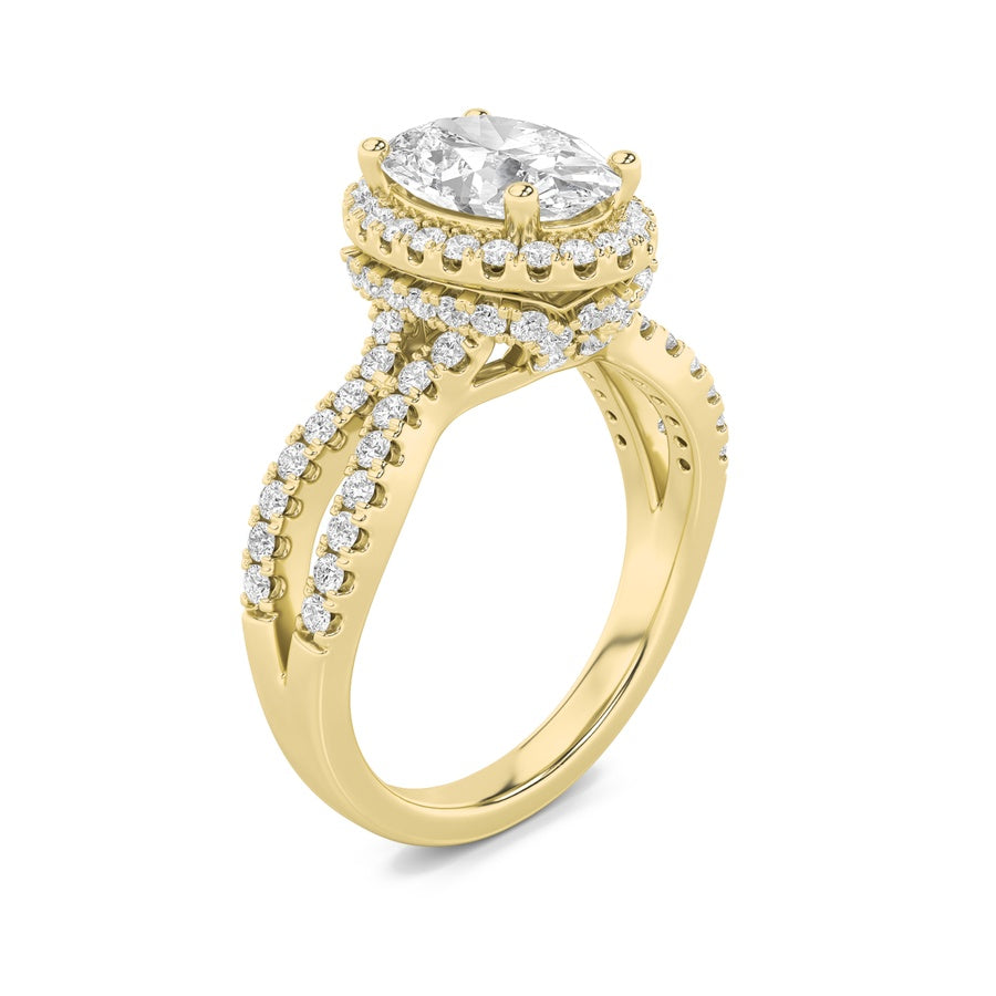 2CTW Oval Shaped Lab Grown Diamond (F/VS) Split Shank Halo Accented Engagement Ring in 14K Gold