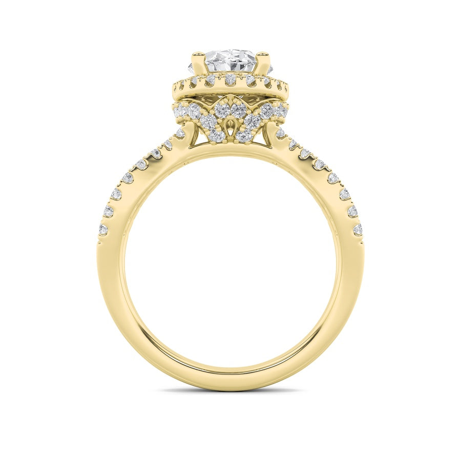 2CTW Oval Shaped Lab Grown Diamond (F/VS) Split Shank Halo Accented Engagement Ring in 14K Gold