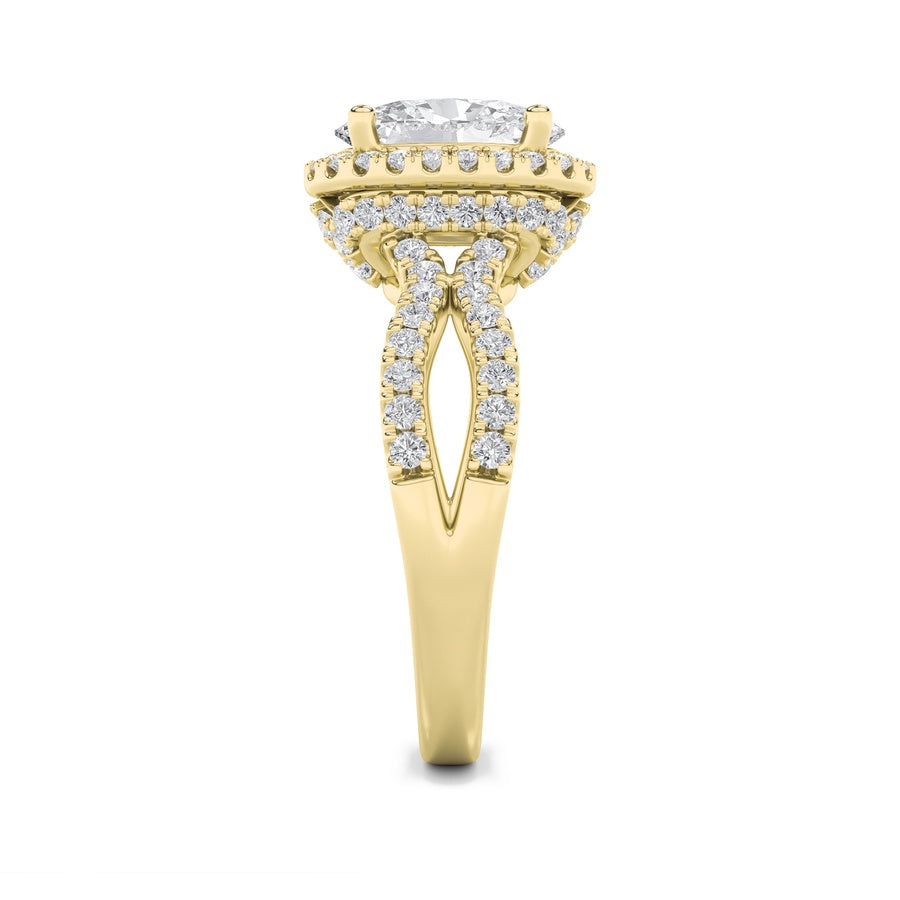 2CTW Oval Shaped Lab Grown Diamond (F/VS) Split Shank Halo Accented Engagement Ring in 14K Gold