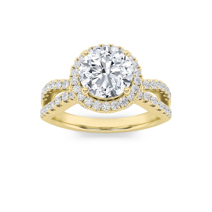 2CTW Round Shaped Lab Grown Diamond (F/VS) Split Shank Halo Accented Engagement Ring in 14K Gold