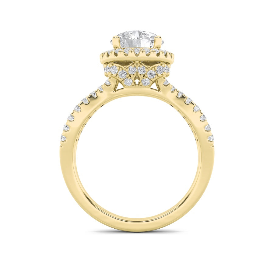 2CTW Round Shaped Lab Grown Diamond (F/VS) Split Shank Halo Accented Engagement Ring in 14K Gold