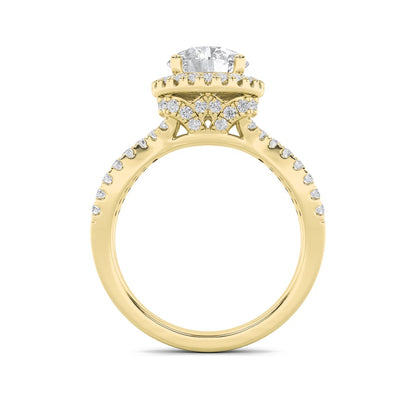 2CTW Round Shaped Lab Grown Diamond (F/VS) Split Shank Halo Accented Engagement Ring in 14K Gold