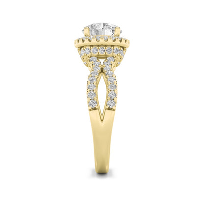 2CTW Round Shaped Lab Grown Diamond (F/VS) Split Shank Halo Accented Engagement Ring in 14K Gold