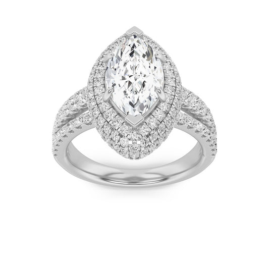 3CTW Marquise Shaped Lab Grown Diamond (F/VS) Three Row Accented Halo Engagement Ring in 14K Gold