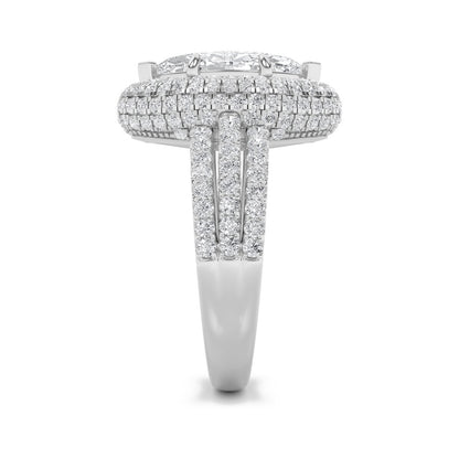 3CTW Marquise Shaped Lab Grown Diamond (F/VS) Three Row Accented Halo Engagement Ring in 14K Gold