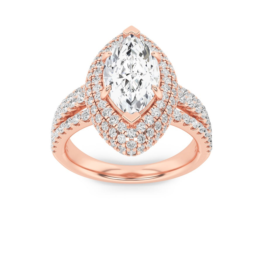 3CTW Marquise Shaped Lab Grown Diamond (F/VS) Three Row Accented Halo Engagement Ring in 14K Gold