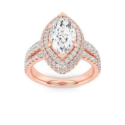 3CTW Marquise Shaped Lab Grown Diamond (F/VS) Three Row Accented Halo Engagement Ring in 14K Gold
