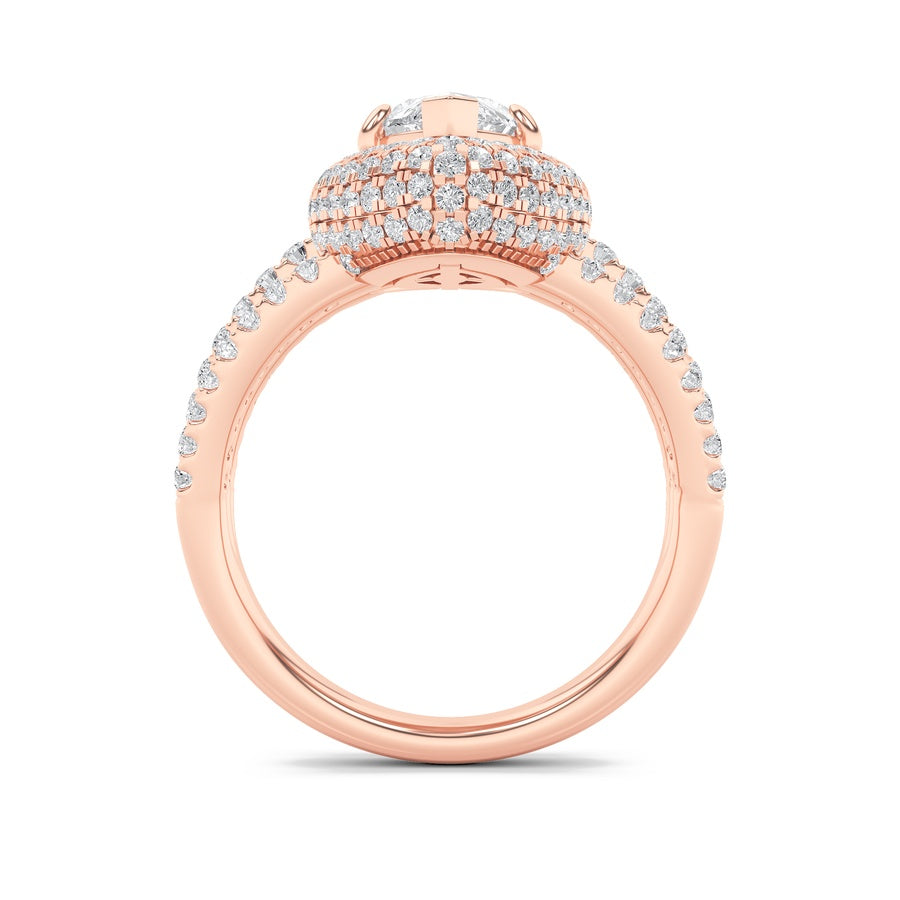 3CTW Marquise Shaped Lab Grown Diamond (F/VS) Three Row Accented Halo Engagement Ring in 14K Gold