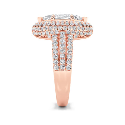 3CTW Marquise Shaped Lab Grown Diamond (F/VS) Three Row Accented Halo Engagement Ring in 14K Gold