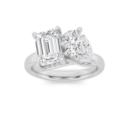 3CTW Emerald Shaped Lab Grown Diamond (F/VS) Toi et Moi Engagement Ring in 14K Gold