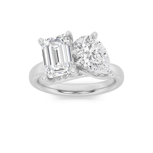 3CTW Emerald Shaped Lab Grown Diamond (F/VS) Toi et Moi Engagement Ring in 14K Gold