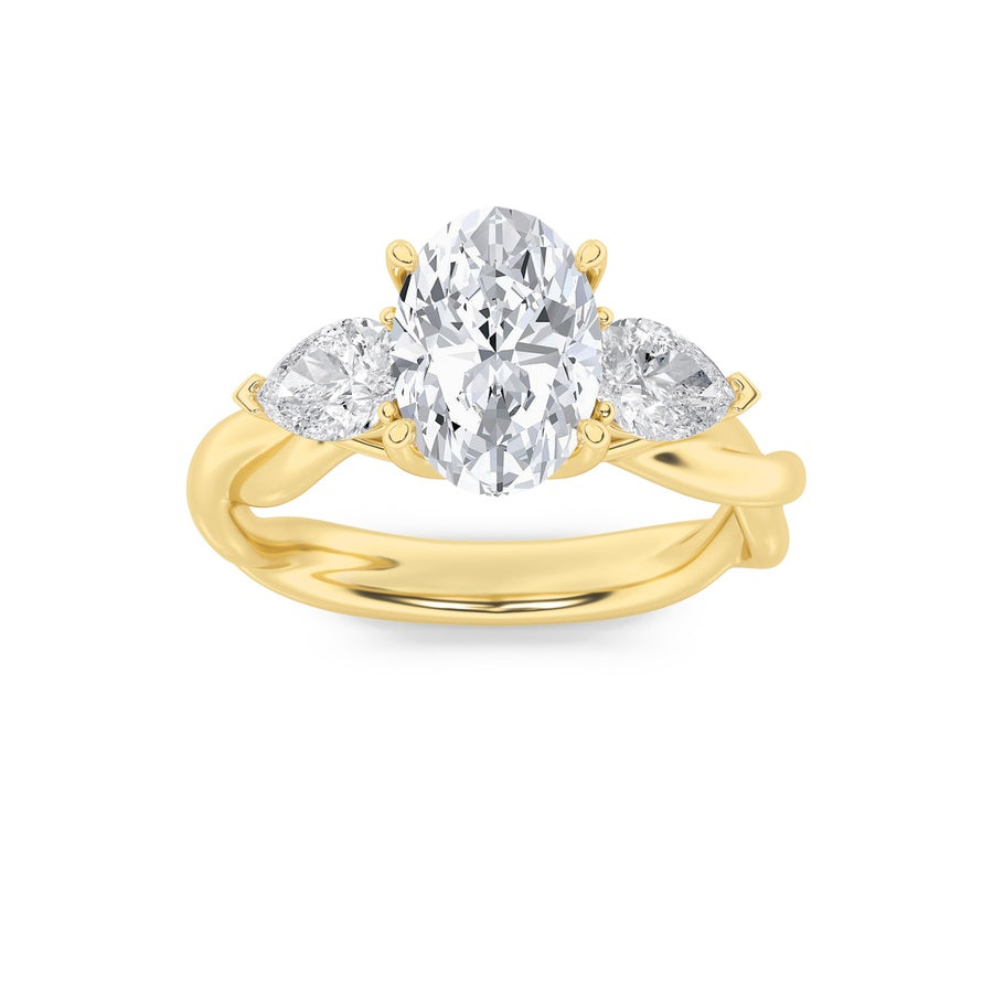 2CTW Oval Shaped Lab Grown Diamond (F/VS) Three Stone Twisted Band Engagement Ring in 14K Gold