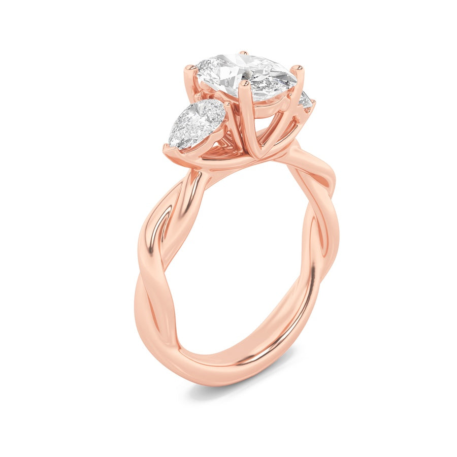 2CTW Oval Shaped Lab Grown Diamond (F/VS) Three Stone Twisted Band Engagement Ring in 14K Gold
