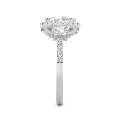 3CTW Elongated Cushion Shaped Lab Grown Diamond (F/VS) Accented Three Stone Ring in 14K Gold