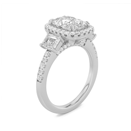 3CTW Elongated Cushion Shaped Lab Grown Diamond (F/VVS) Accented Three Stone Ring in 14K Gold