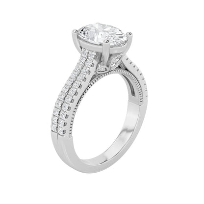 2CTW Oval Shaped Lab Grown Diamond (F/VS) Two Row Fancy Accented Engagement Ring in 14K Gold