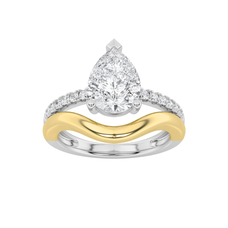 2CTW Pear Shaped Lab Grown Diamond (F/VS) Two Tone Wave Inspired Engagement Ring in 14K Gold