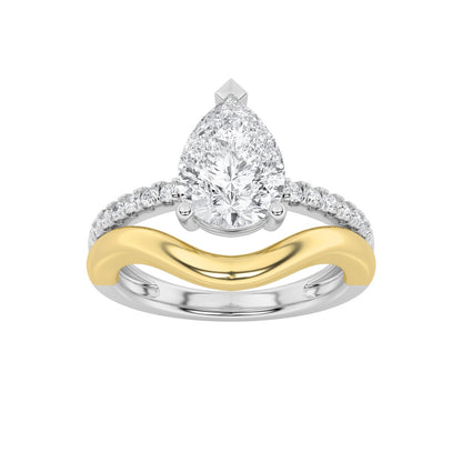2CTW Pear Shaped Lab Grown Diamond (F/VS) Two Tone Wave Inspired Engagement Ring in 14K Gold