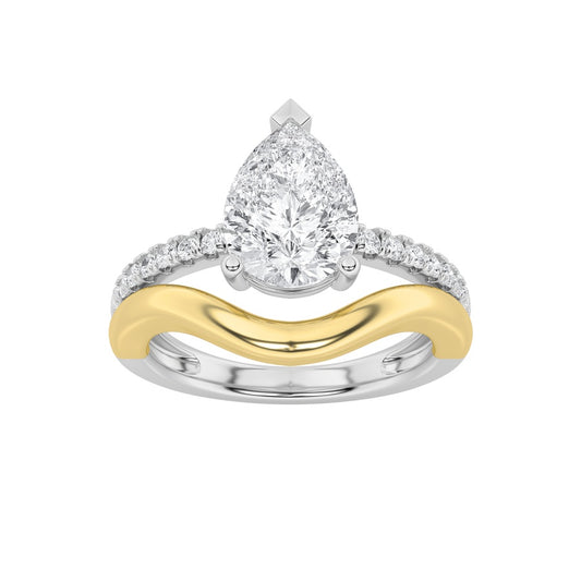 2CTW Pear Shaped Lab Grown Diamond (F/VS) Two Tone Wave Inspired Engagement Ring in 14K Gold