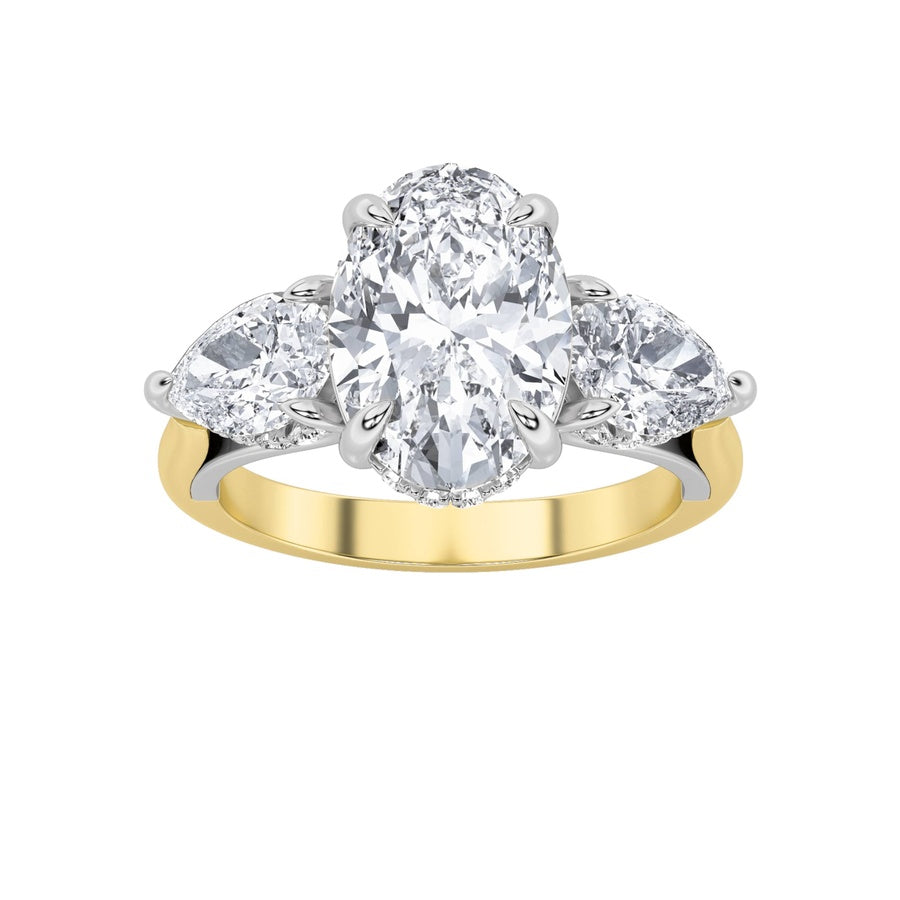 4CTW Oval Shaped Lab Grown Diamond (F/VS) Accented Three Stone Ring in 14K Gold