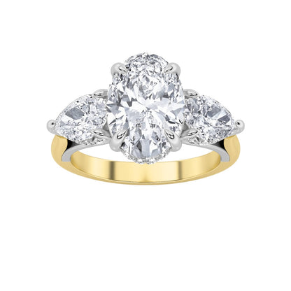 4CTW Oval Shaped Lab Grown Diamond (F/VS) Accented Three Stone Ring in 14K Gold