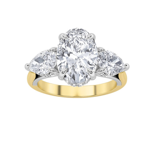 4CTW Oval Shaped Lab Grown Diamond (F/VS) Accented Three Stone Ring in 14K Gold