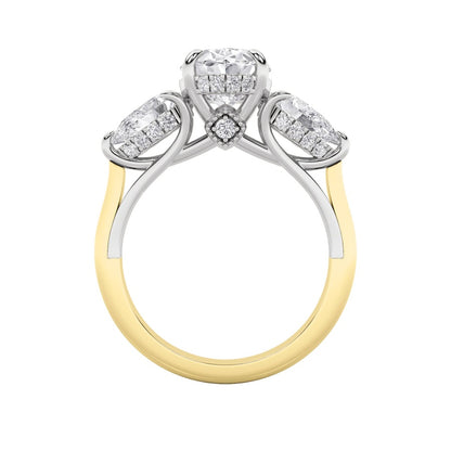 4CTW Oval Shaped Lab Grown Diamond (F/VS) Accented Three Stone Ring in 14K Gold
