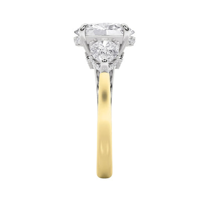 4CTW Oval Shaped Lab Grown Diamond (F/VS) Accented Three Stone Ring in 14K Gold