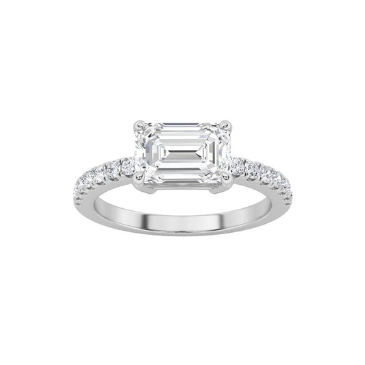 1.5Cttw Emerald Shaped Lab Grown Diamond (F/VS) East West Accented Ring in 14K Gold