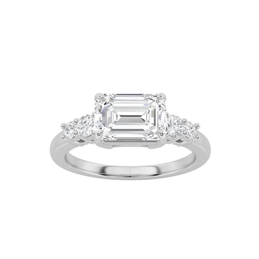 1.5CTW Emerald Shaped Lab Grown Diamond (F/VS) East West Accented Three Stone Ring in 14K Gold