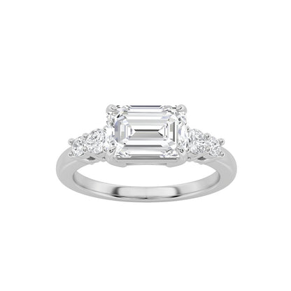 1.5CTW Emerald Shaped Lab Grown Diamond (F/VS) East West Accented Three Stone Ring in 14K Gold