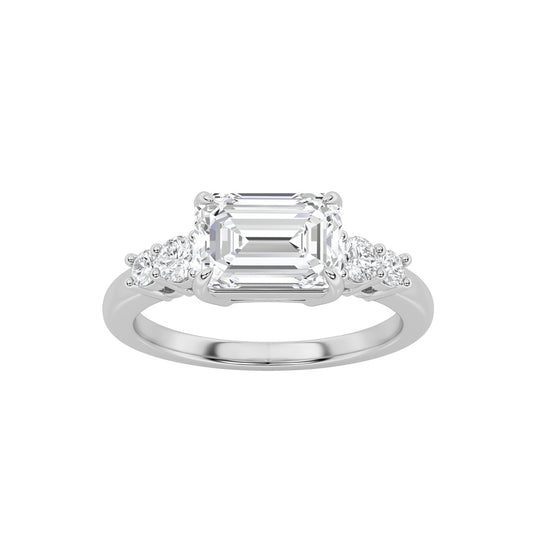 1.5CTW Emerald Shaped Lab Grown Diamond (F/VS) East West Accented Three Stone Ring in 14K Gold