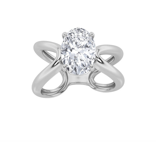 2CTW Oval Shaped Lab Grown Diamond (F/VS) Criss Cross Fancy Solitaire Ring in 14K Gold
