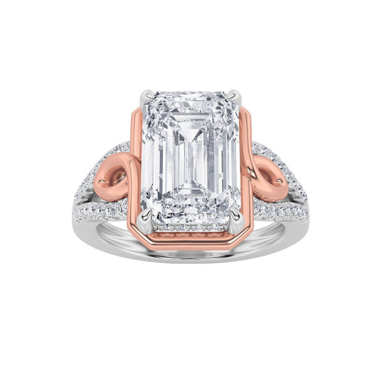 4.25CTW Emerald Shaped Lab Grown Diamond (F/VS) Bold Accented Two Tone Engagement Ring in 14K Gold
