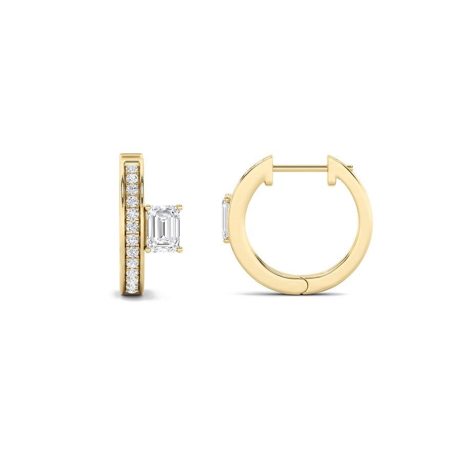 1.25CTW Emerald Shaped Lab Grown Diamond (F/VS) Accented Huggie Earrings in 14K Gold