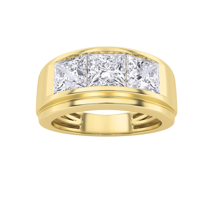 3CTW Princess Shaped Lab Grown Diamond (F/VS) Three Stone Channel Set Mens Ring in 14K Gold
