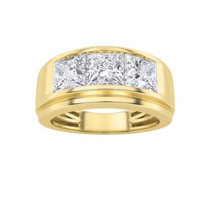 3CTW Princess Shaped Lab Grown Diamond (F/VS) Three Stone Channel Set Mens Ring in 14K Gold
