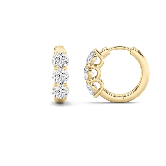 2CTW Round Shaped Lab Grown Diamond (G/VS) Three Stone Huggie Earrings in 10K Gold
